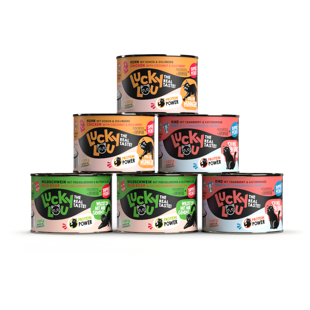 Lucky Lou SuperMono² 6 x 200 g - Mixpakket 2 (kip, rund & wild zwijn)