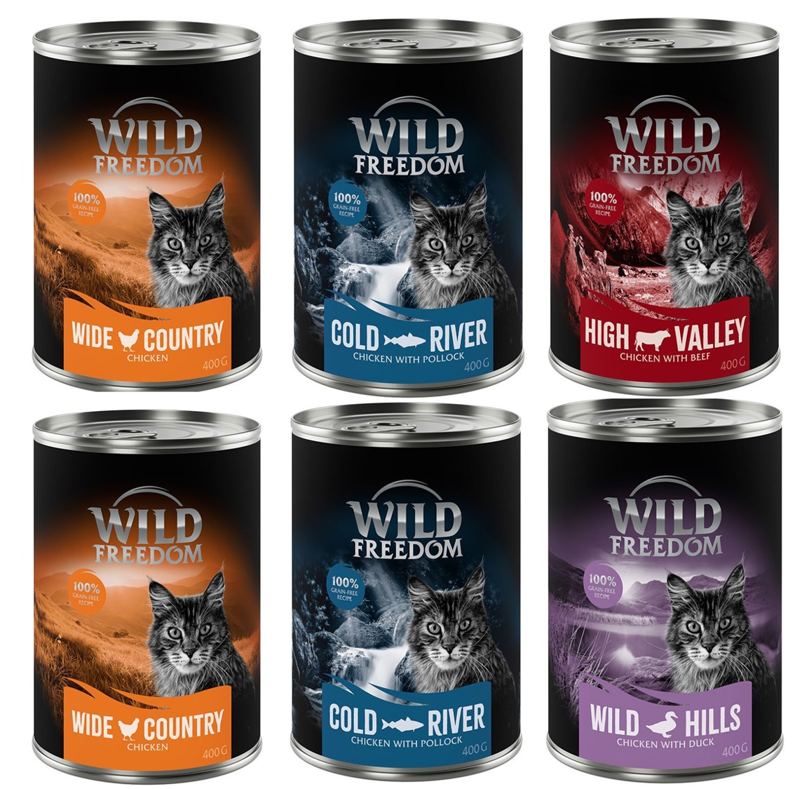 Wild Freedom 6 x 400 g  - Mixpakket 2: 2x Kip, 2x Zeezalm, 1x Rund, 1x Eend