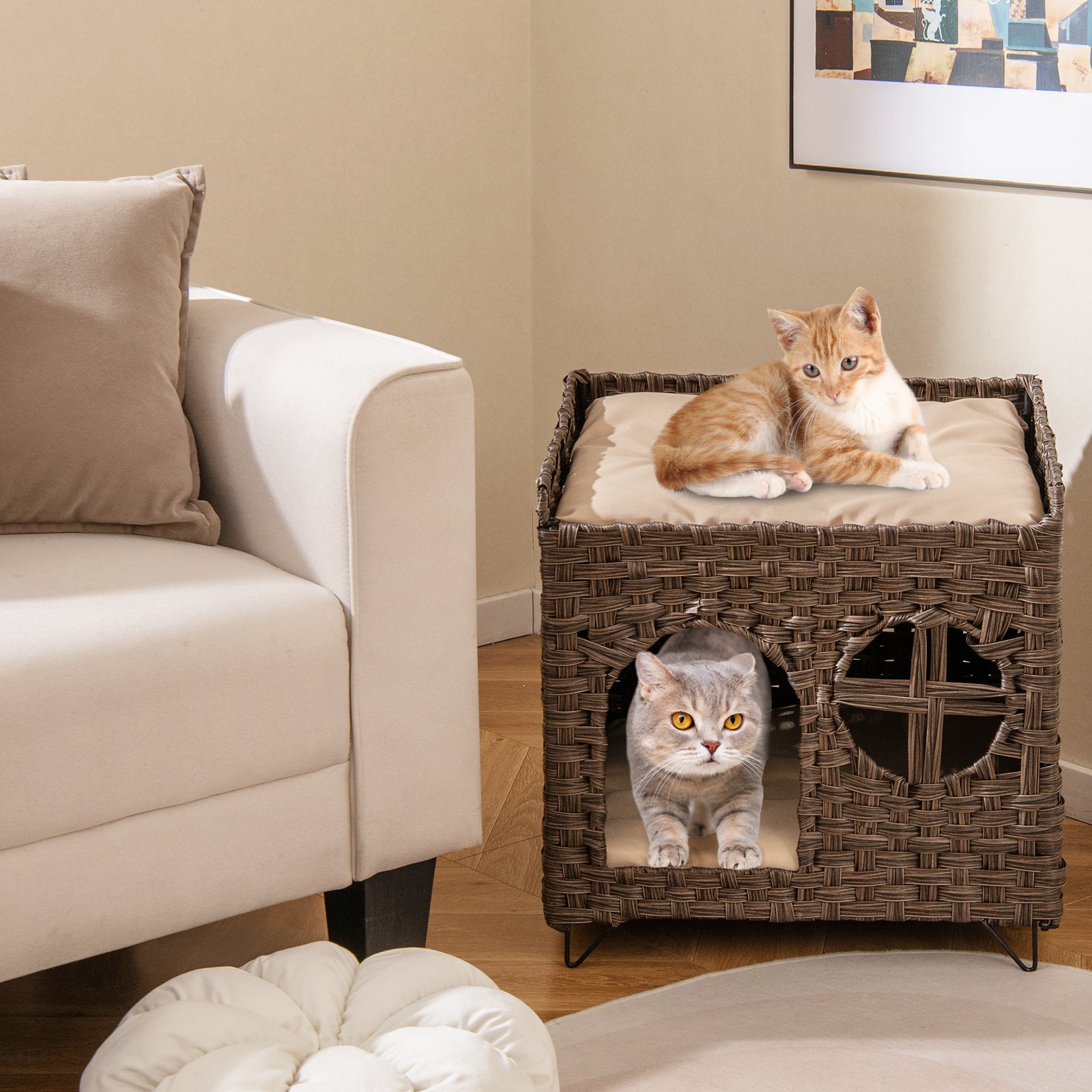 Costway Kattenhuis van PE-rattan Opvouwbaar 2 Verdiepingen Kattenbed met Grote Zitstaaf Afneembare Kussen 50,5 x 45 x 50 cm