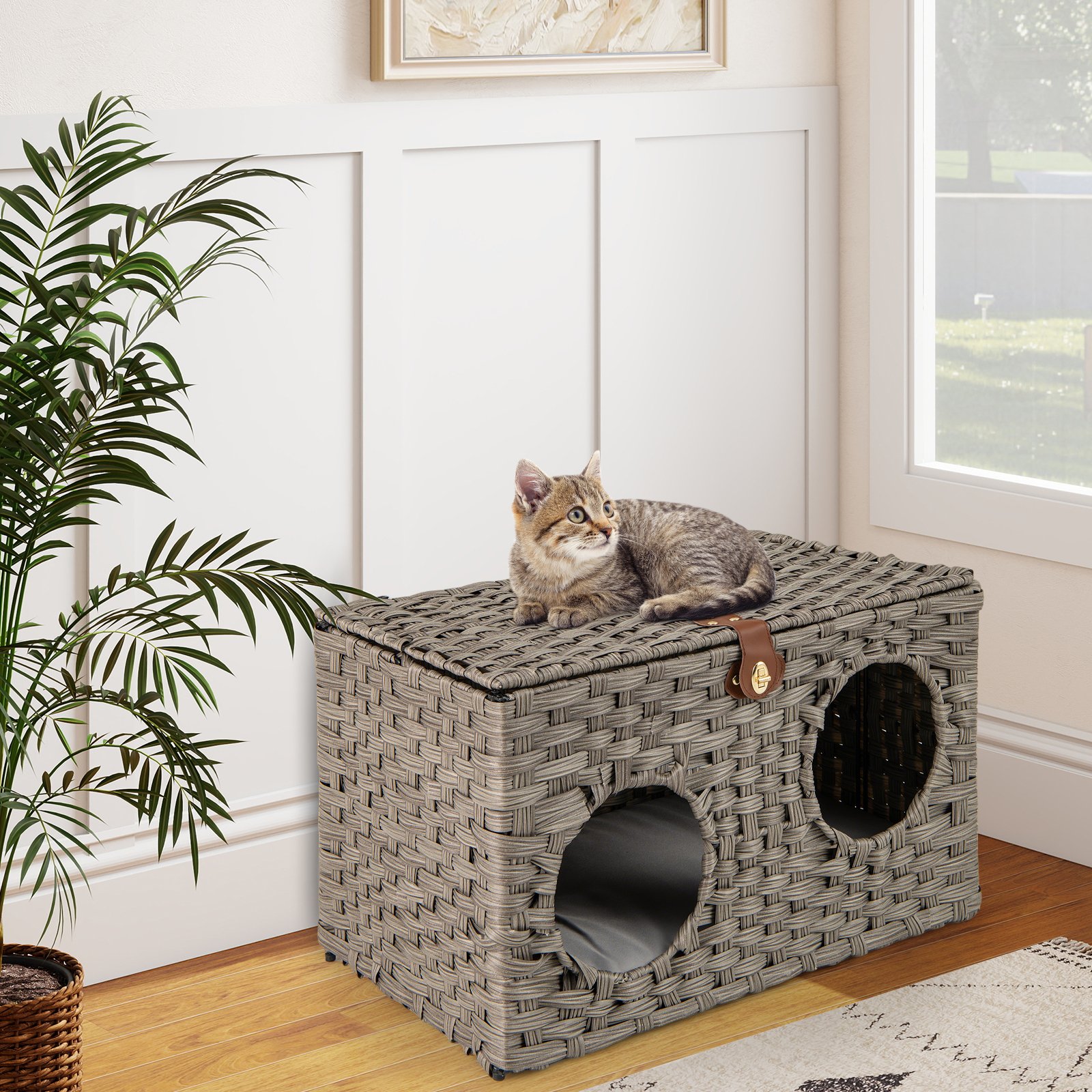 Costway Kattenhuis van PE-rattan Opvouwbaar Kattenbed met Afneembare Kussen en Afsluitbaar Deksel 60 x 35 x 35 cm