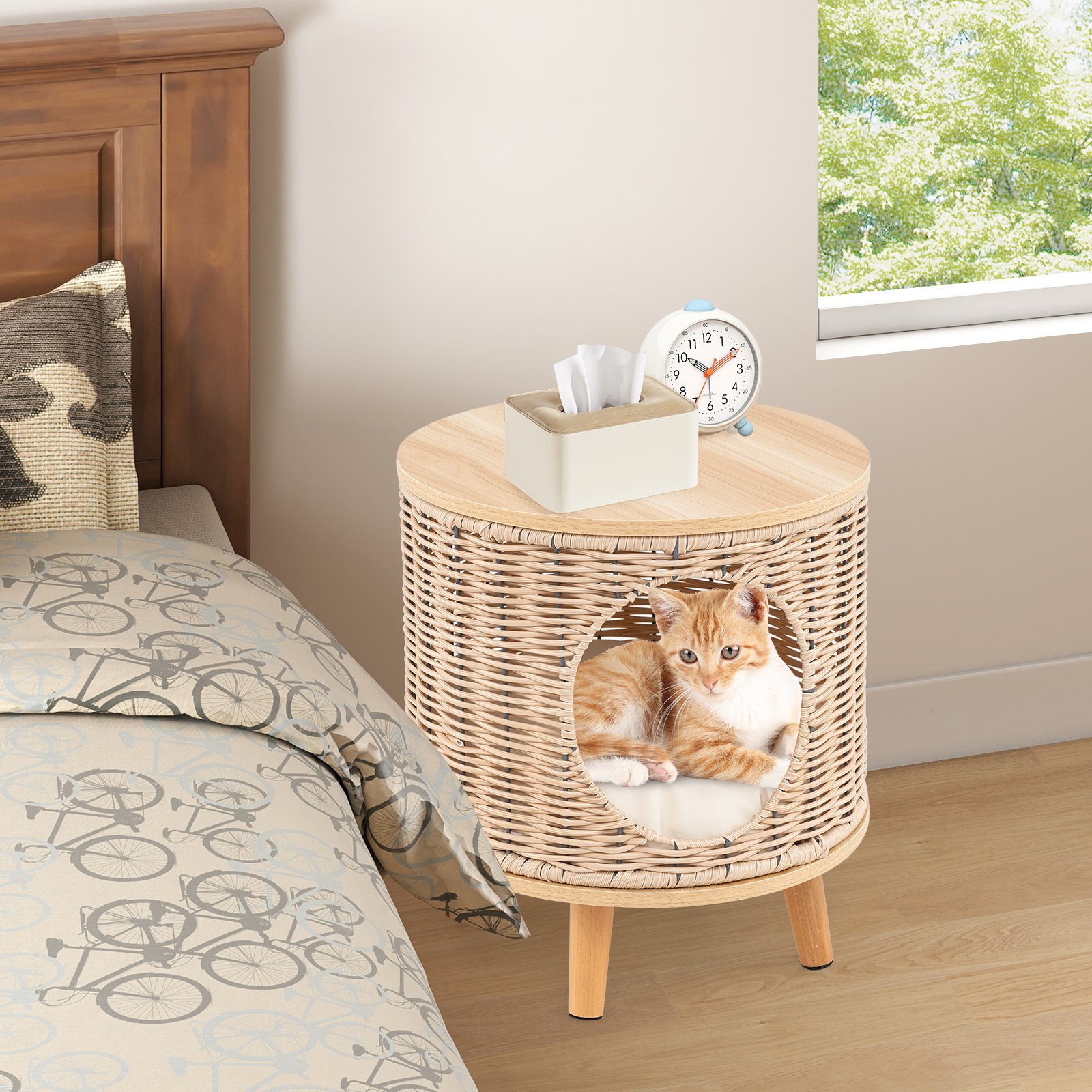 Costway Kattenhuis Rattan Kattenbed met Houten Poten & Afneembare Kussen voor Katten tot 30 kg Binnen Kattenmeubels 36 x 36 x 41 cm Natuur