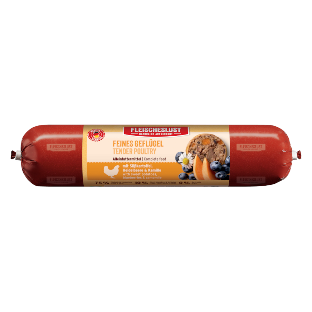 Fleischeslust natvoer voor honden – 8 x 400 g - Fijn gevogelte met zoete aardappel, blauwe bes & kamille