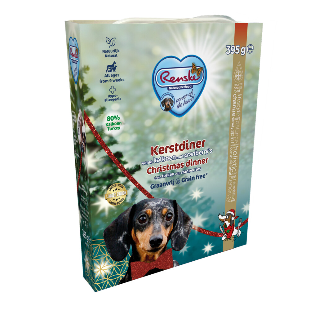 Renske 10x  Vers Gestoomd Complete Menu Hondenvoer Nat Kerstdiner Kalkoen - Cranberry 395 gr