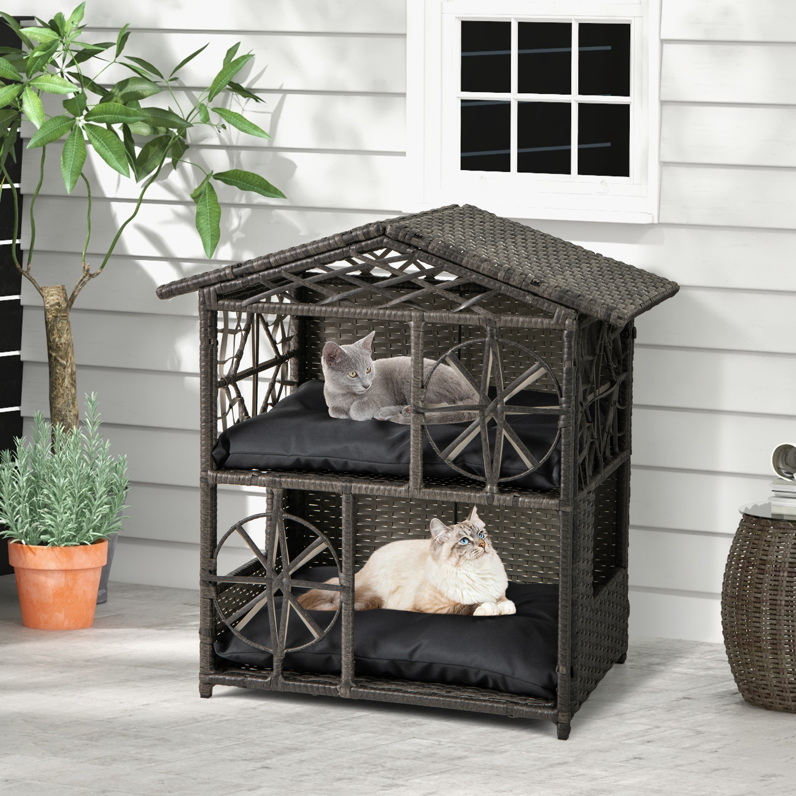 Costway 2-verdieping Rieten Kattenhuis met Afneembare Kussens Verhoogde Kattenkast Kattenhol