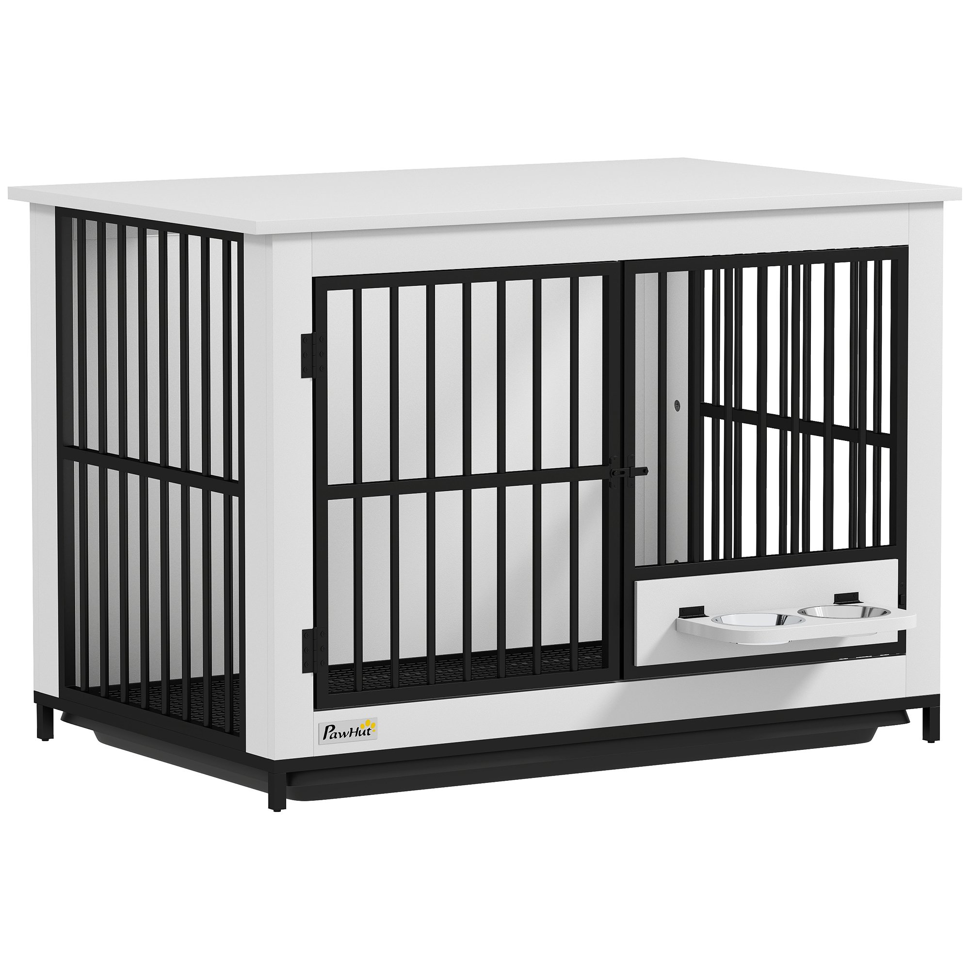 PawHut Grote hondenbox, gemakkelijke toegang, vergrendeld, draaibare komhouder, voor kleine en grote honden, Wit