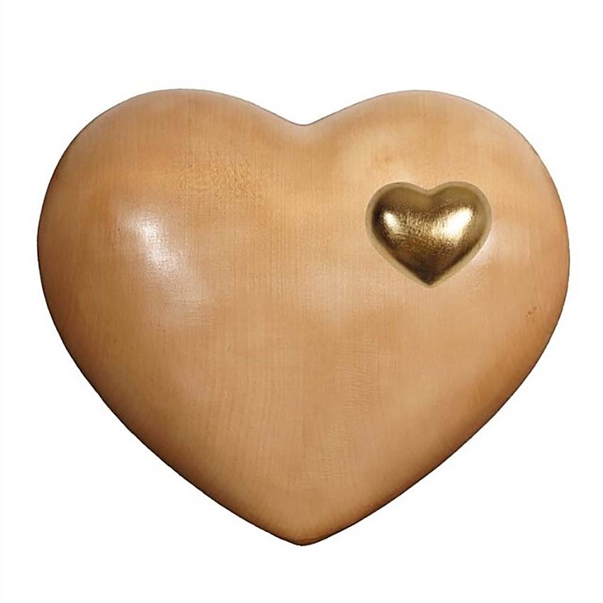 Urnwebshop Grote Licht Gebeitste Houten Hart Dierenurn, met gouden hartje (3 liter)