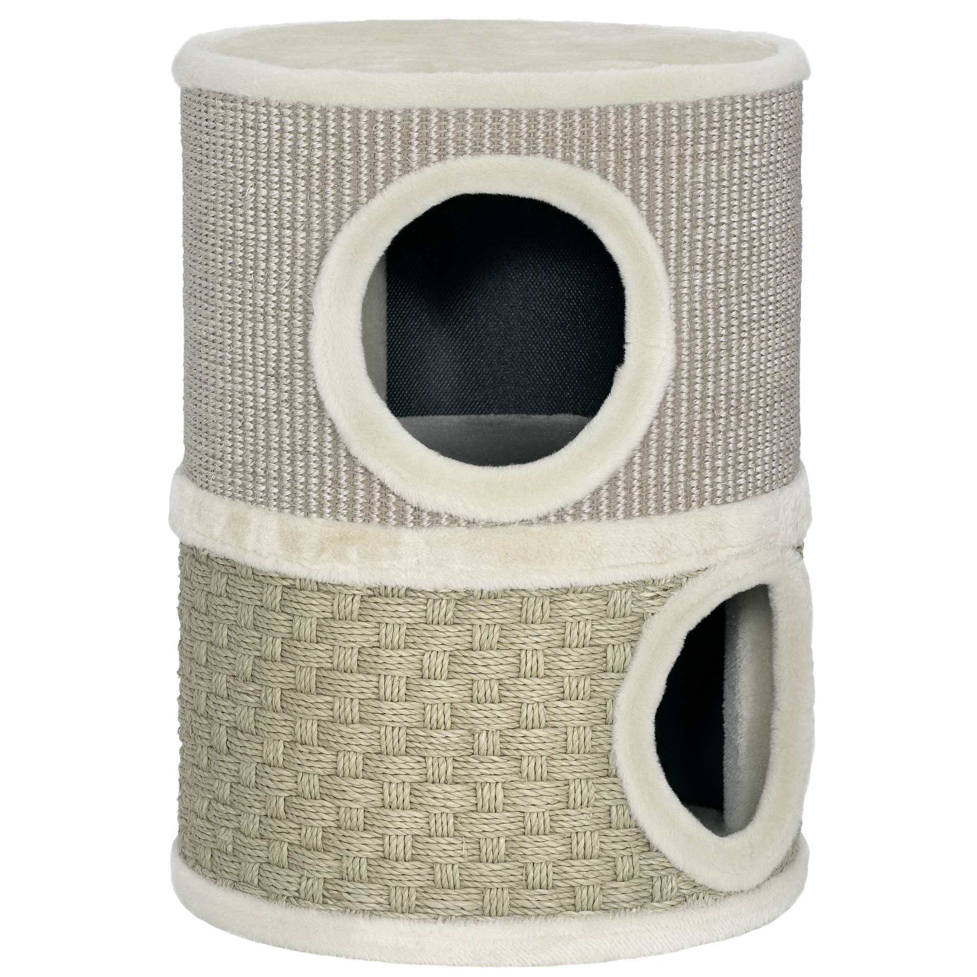 PawHut Krabton, 49 cm hoog, Ø35,5 cm tweelaagse kattenton met pluche rand krabmat, 2 holen Khaki+Koffie