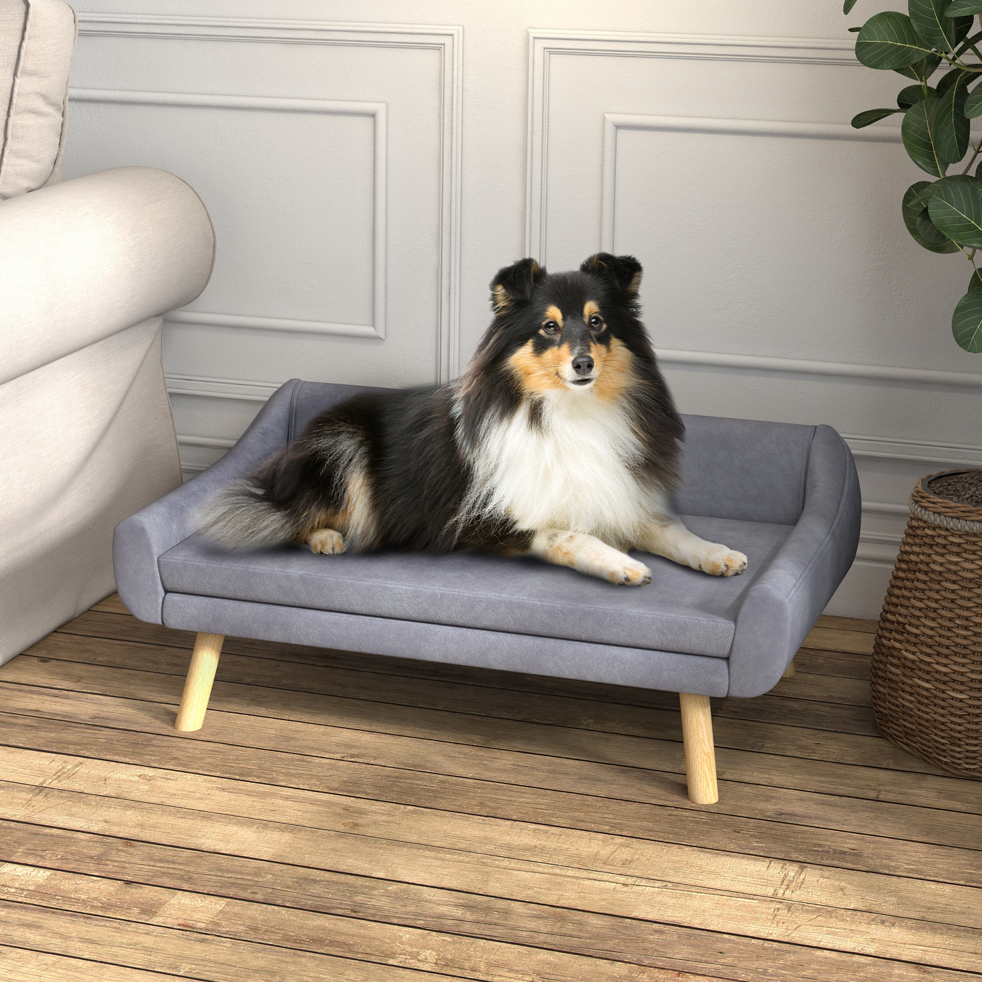PawHut hondenbank, luxe Scandinavisch design, afneembare fluwelen bekleding, comfortabel, 102 x 58,5 x 42,5 cm, grijs, natuurlijk | Aosom.nl