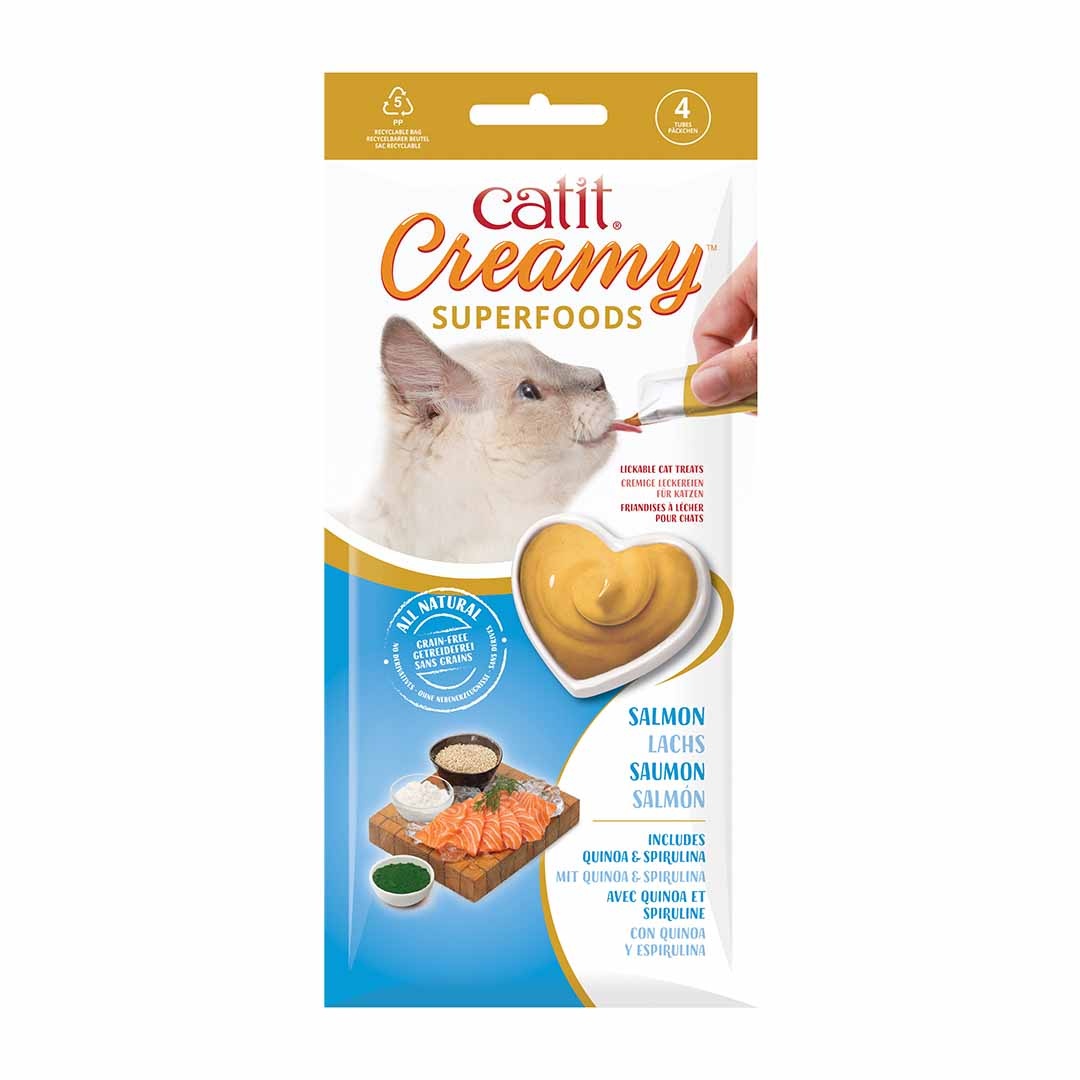 Cat It CA Creamy Superfood Traktaties - likbare kattensnacks met kip, lam, zalm of tonijn verrijkt met superfoods Zalm 4x10 Gram