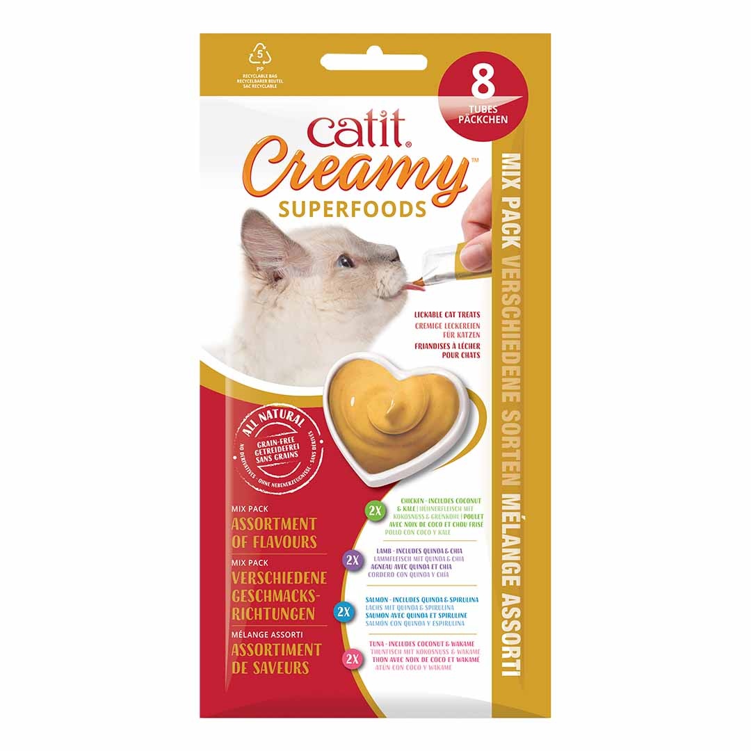 Cat It CA Creamy Superfood Traktaties - likbare kattensnacks met kip, lam, zalm of tonijn verrijkt met superfoods Assorti 8x10 Gram