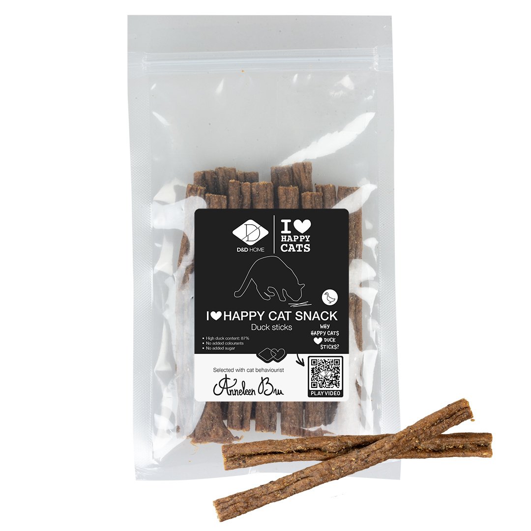 D&D Home I Love Happy Cat Snacksticks – vleesrijke kauwsnacks zonder granen of suikers, verkrijgbaar in diverse smaken Sticks met eend +/- 70g - 11cm
