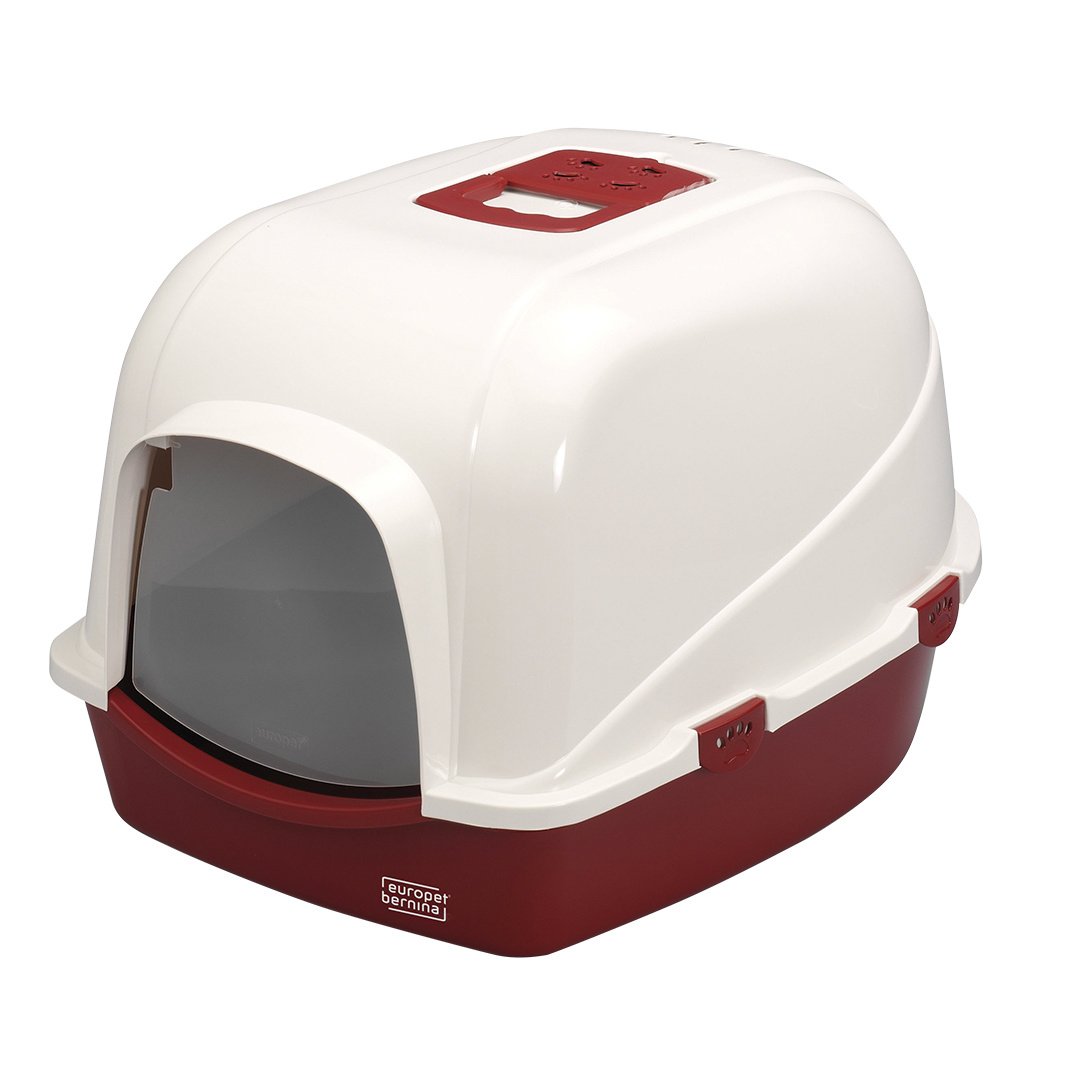 Ebi Kattentoilet Eclipse Wit/Rood – overdekte kattenbak met koolfilter en transparant deurtje, verkrijgbaar in M & L M - 43x56x40cm