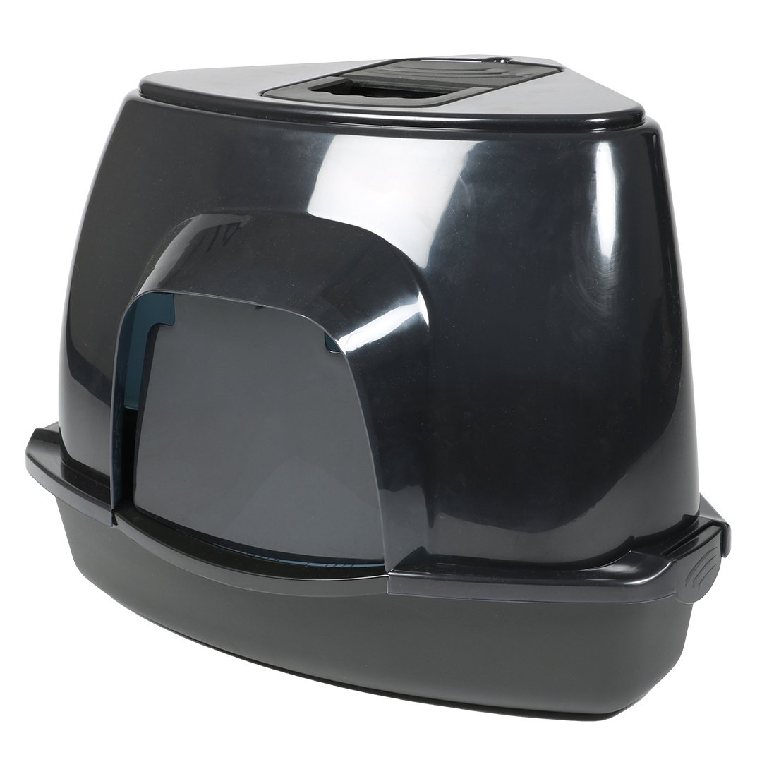Ebi Kattentoilet Prism Transparant/Zwart – compact overdekt kattenbakontwerp met koolfilter, verkrijgbaar in M & L M - 38x56x40cm