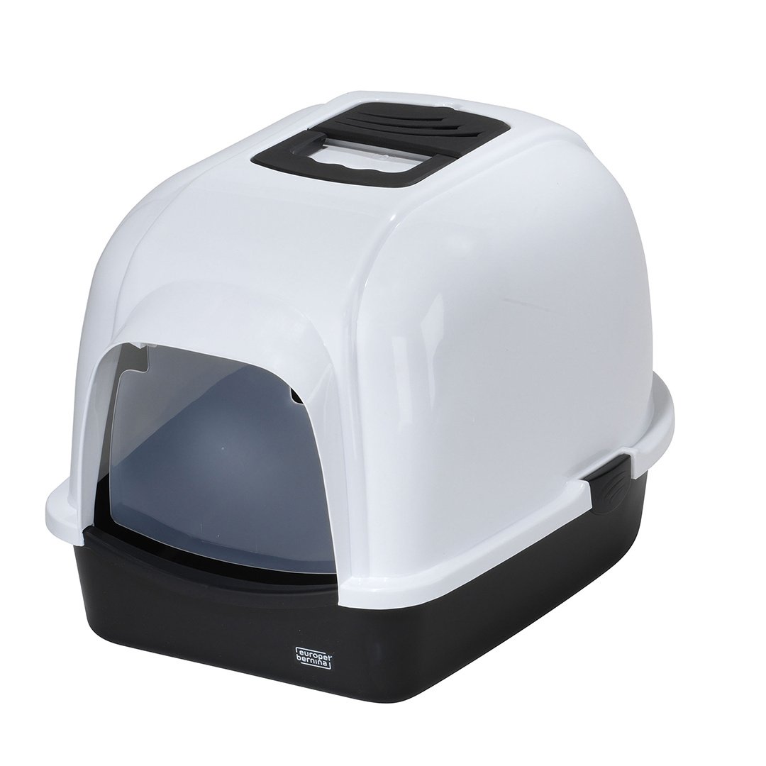 Ebi Kattentoilet Eclipse Wit/Zwart – overdekte kattenbak met koolfilter en transparant deurtje, verkrijgbaar in M & L M - 43x56x40cm