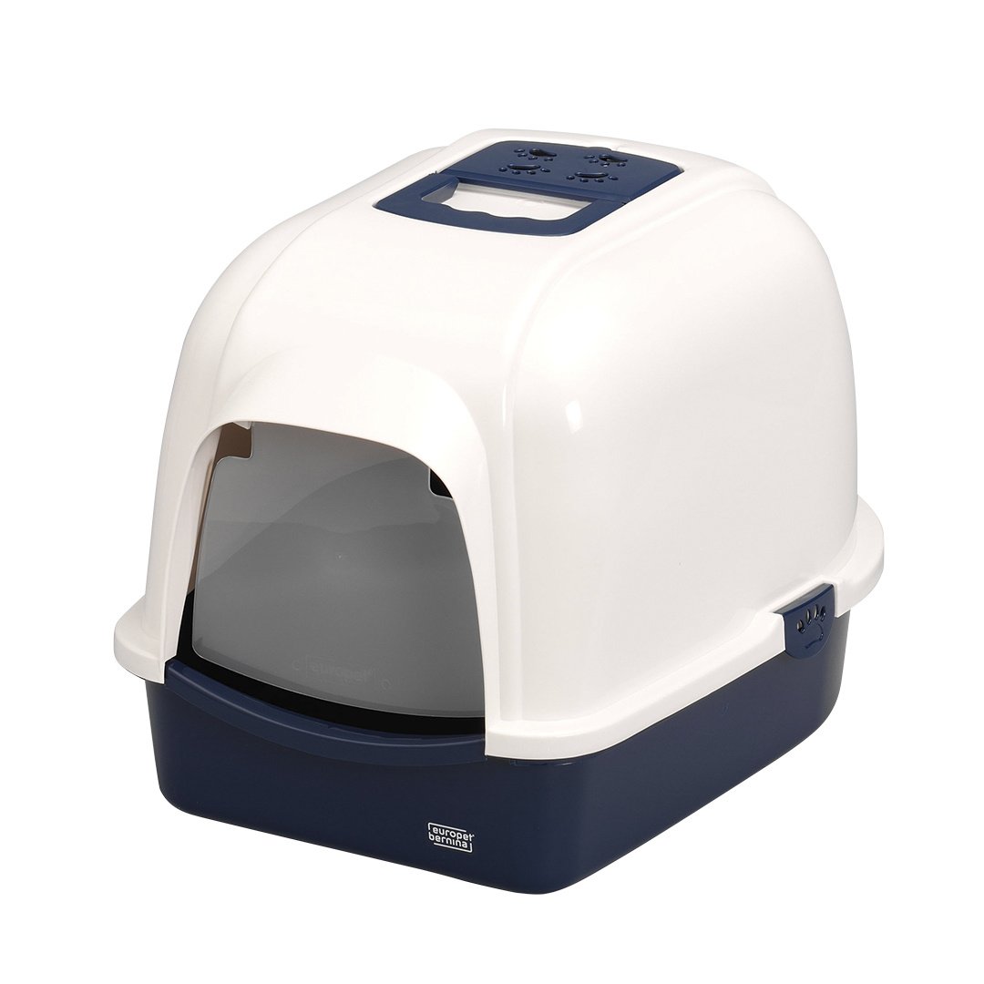 Ebi Kattentoilet Eclipse Wit/Donkerblauw – overdekte kattenbak met koolfilter en transparant deurtje, verkrijgbaar in M & L M - 43x56x40cm