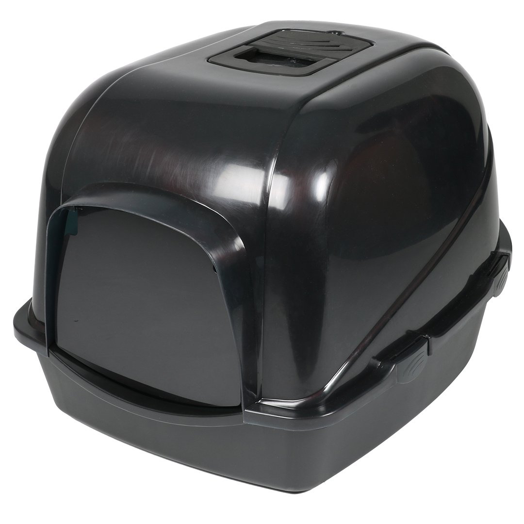 Ebi Kattentoilet Eclipse Transparant/Zwart – overdekte kattenbak met koolfilter en transparant deurtje, verkrijgbaar in M & L L - 56x70x46cm
