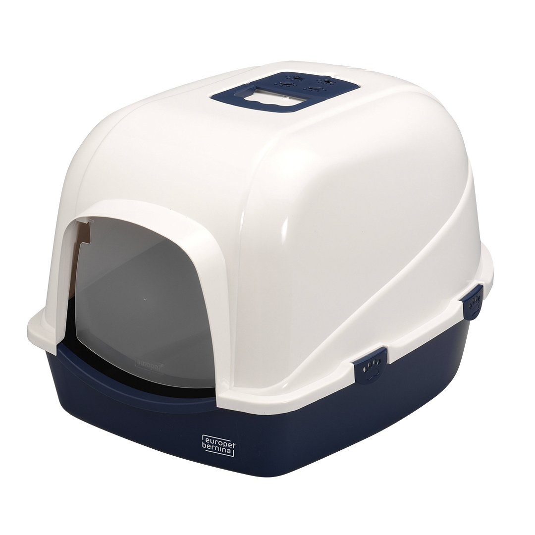 Ebi Kattentoilet Eclipse Wit/Donkerblauw – overdekte kattenbak met koolfilter en transparant deurtje, verkrijgbaar in M & L L - 56x70x46cm