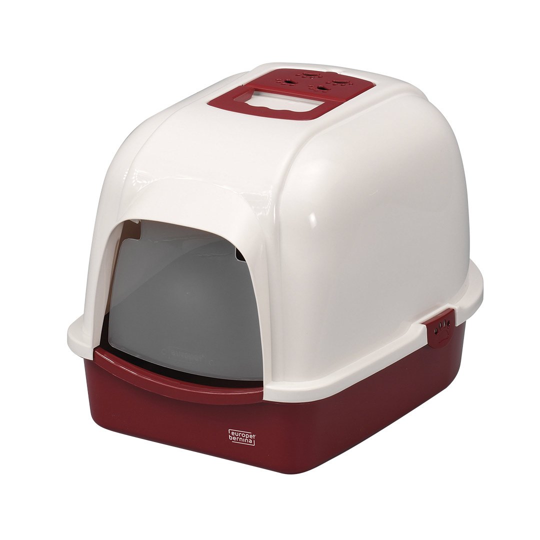 Ebi Kattentoilet Eclipse Wit/Rood – overdekte kattenbak met koolfilter en transparant deurtje, verkrijgbaar in M & L L - 56x70x46cm