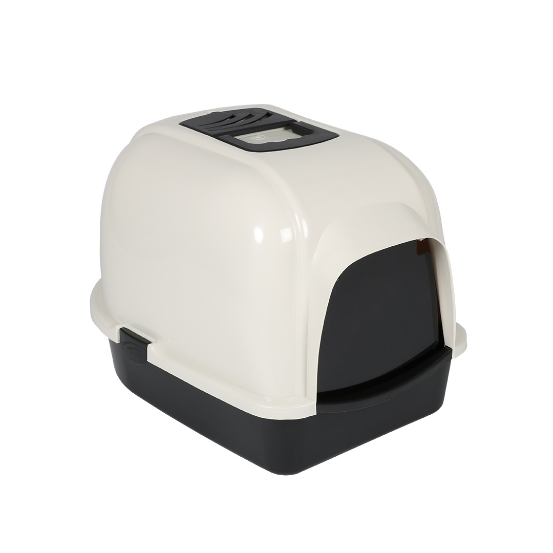 Ebi Kattentoilet Eclipse Crème/Zwart – overdekte kattenbak met koolfilter en transparant deurtje, maat L
