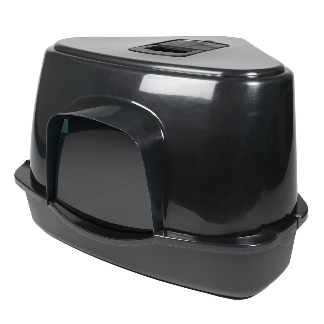 Ebi Kattentoilet Prism Transparant/Zwart – compact overdekt kattenbakontwerp met koolfilter, verkrijgbaar in M & L L - 56x70x46cm