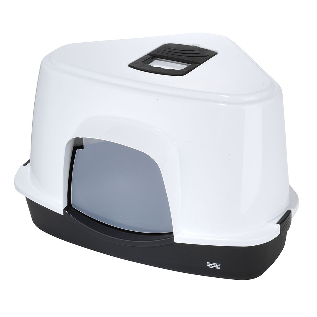 Ebi Kattentoilet Prism Wit/Zwart – compacte overdekte kattenbak met koolfilter en transparant deurtje, verkrijgbaar in M & L L - 56x70x46cm