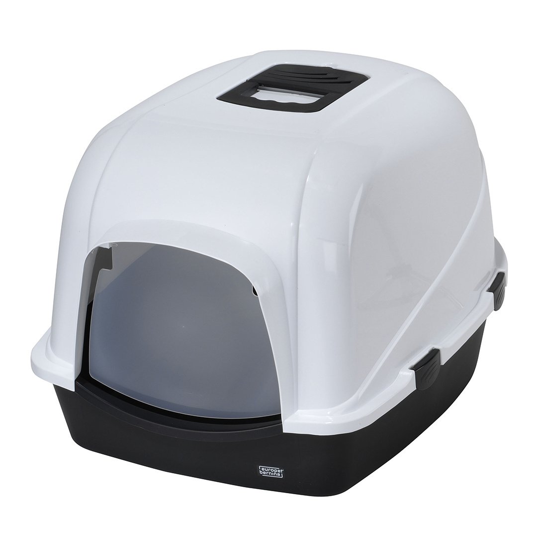 Ebi Kattentoilet Eclipse Wit/Zwart – overdekte kattenbak met koolfilter en transparant deurtje, verkrijgbaar in M & L L - 56x70x46cm