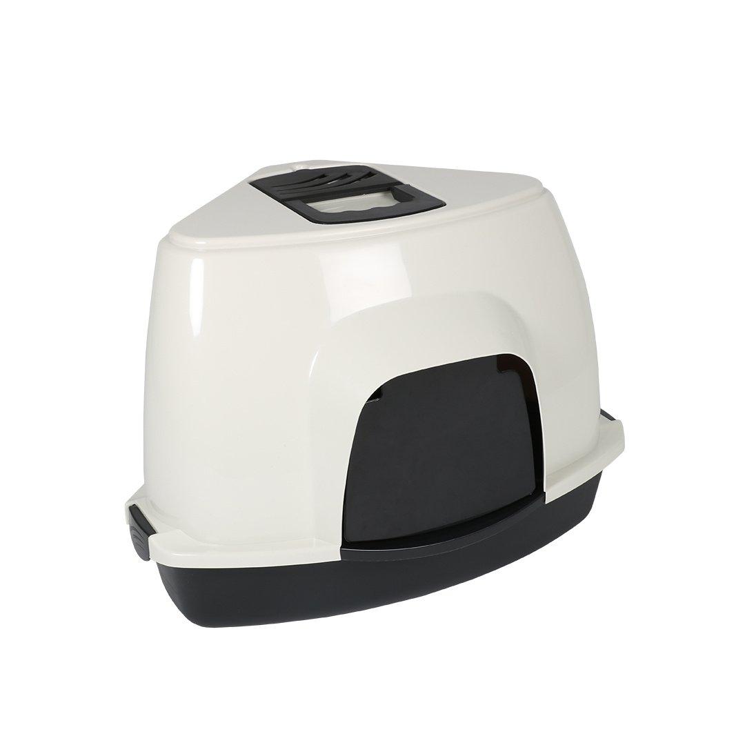 Ebi Overdekt kattentoilet Prism crème/zwart met koolfilter en transparant deurtje – formaat L, 56×70×46 cm