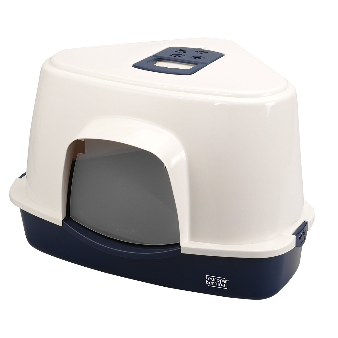 Ebi Overdekt kattentoilet Prism wit/donkerblauw met koolfilter en transparant deurtje – formaat L, 56×70×46 cm