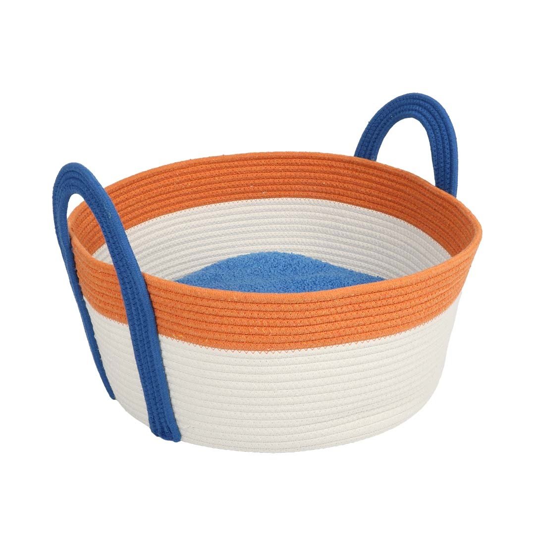Coockoo Kattenmand BINGE – katoenen touwmand met dubbelzijdig teddykussen – 44x44x20 cm Oranje/Blauw