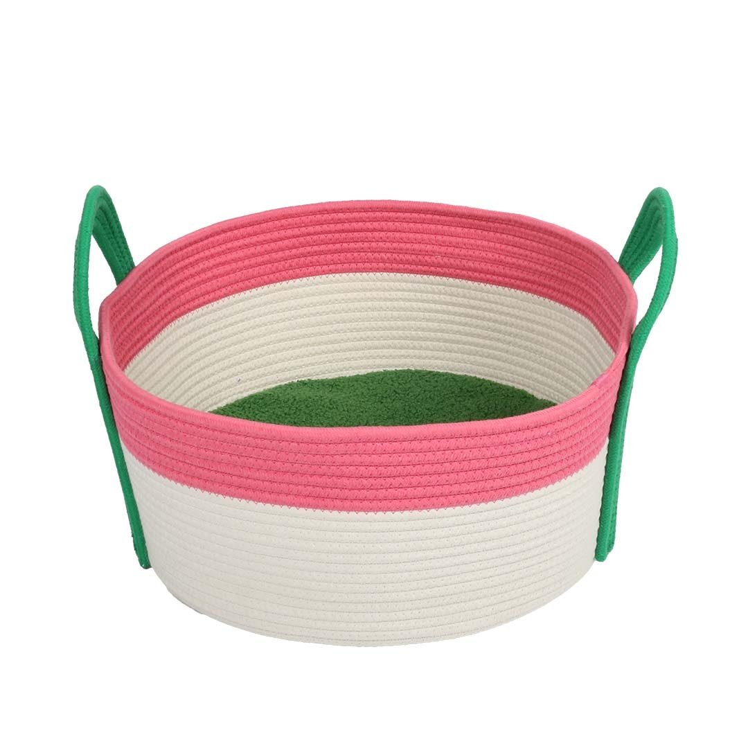 Coockoo Kattenmand BINGE – katoenen touwmand met dubbelzijdig teddykussen – 44x44x20 cm Roze/Groen