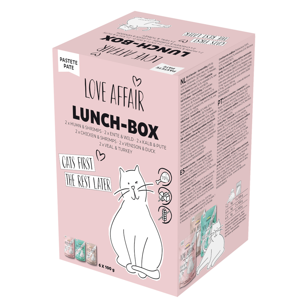 Hardys LOVE AFFAIR 6x100g 3 soorten (kalfsvlees & kalkoen, kip & garnalen, eend & wild)  Lunchbox natvoer mix pack voor katten