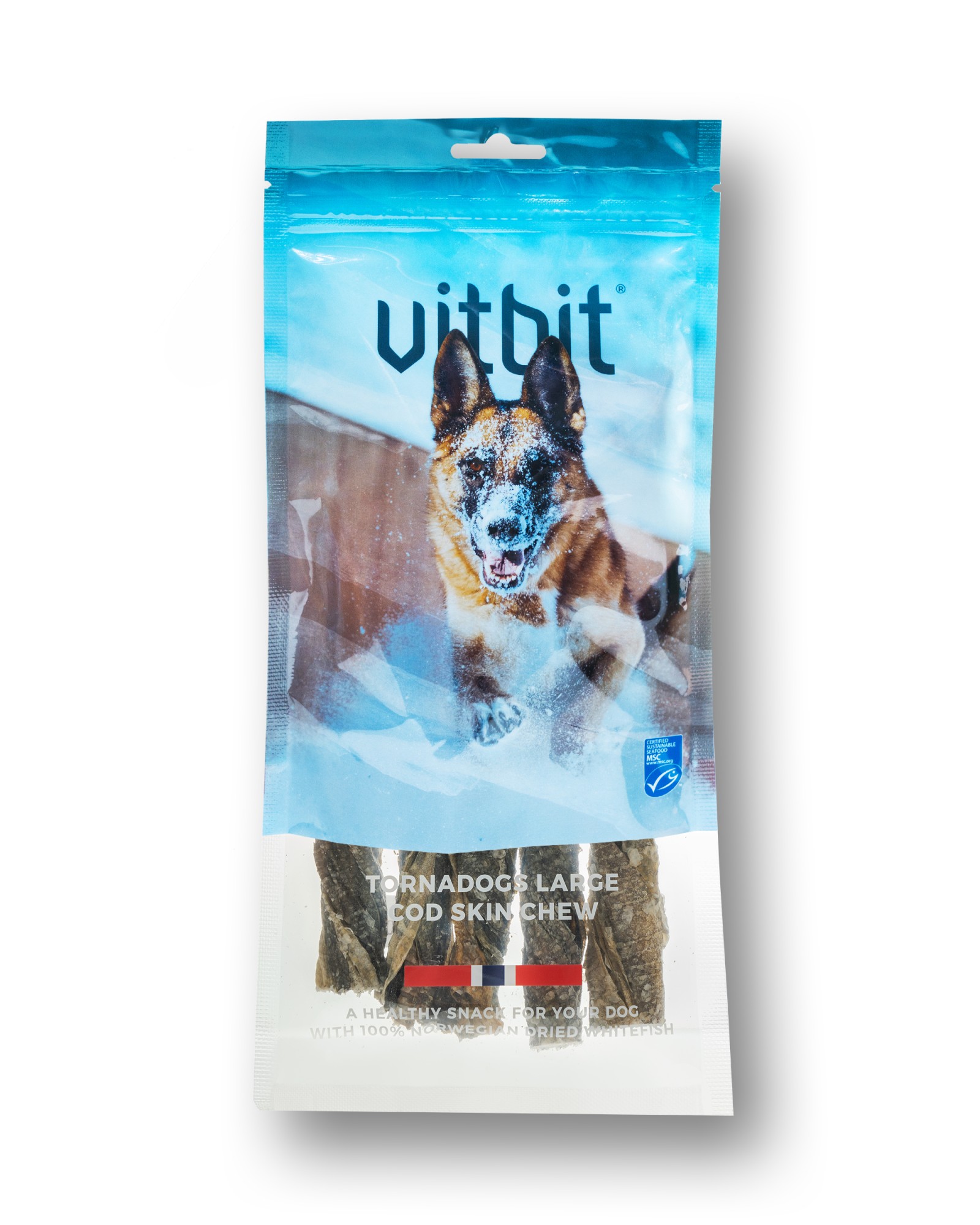 Vitbit hondensnack Tornadogs Kabeljauwhuid sticks large 100 gr.