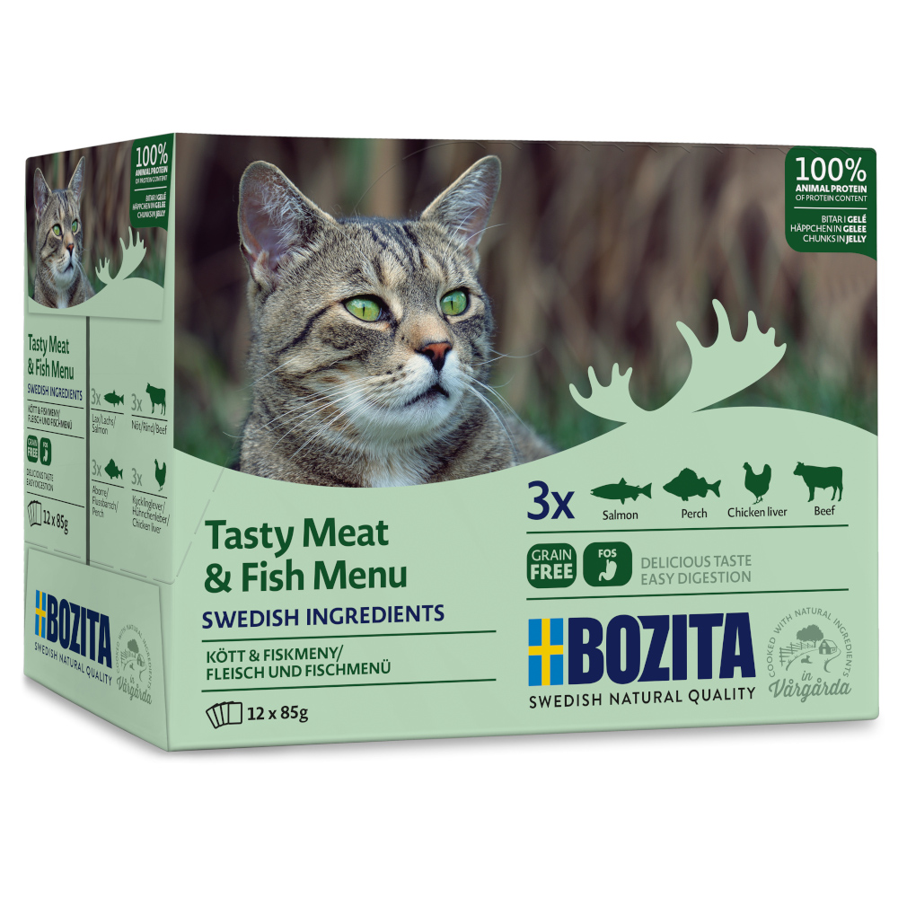 Bozita Stukjes in Gelei Pouch 12 x 85 g Kattenvoer - Mixpaket Fisch & Fleisch Menü (4 Sorten)
