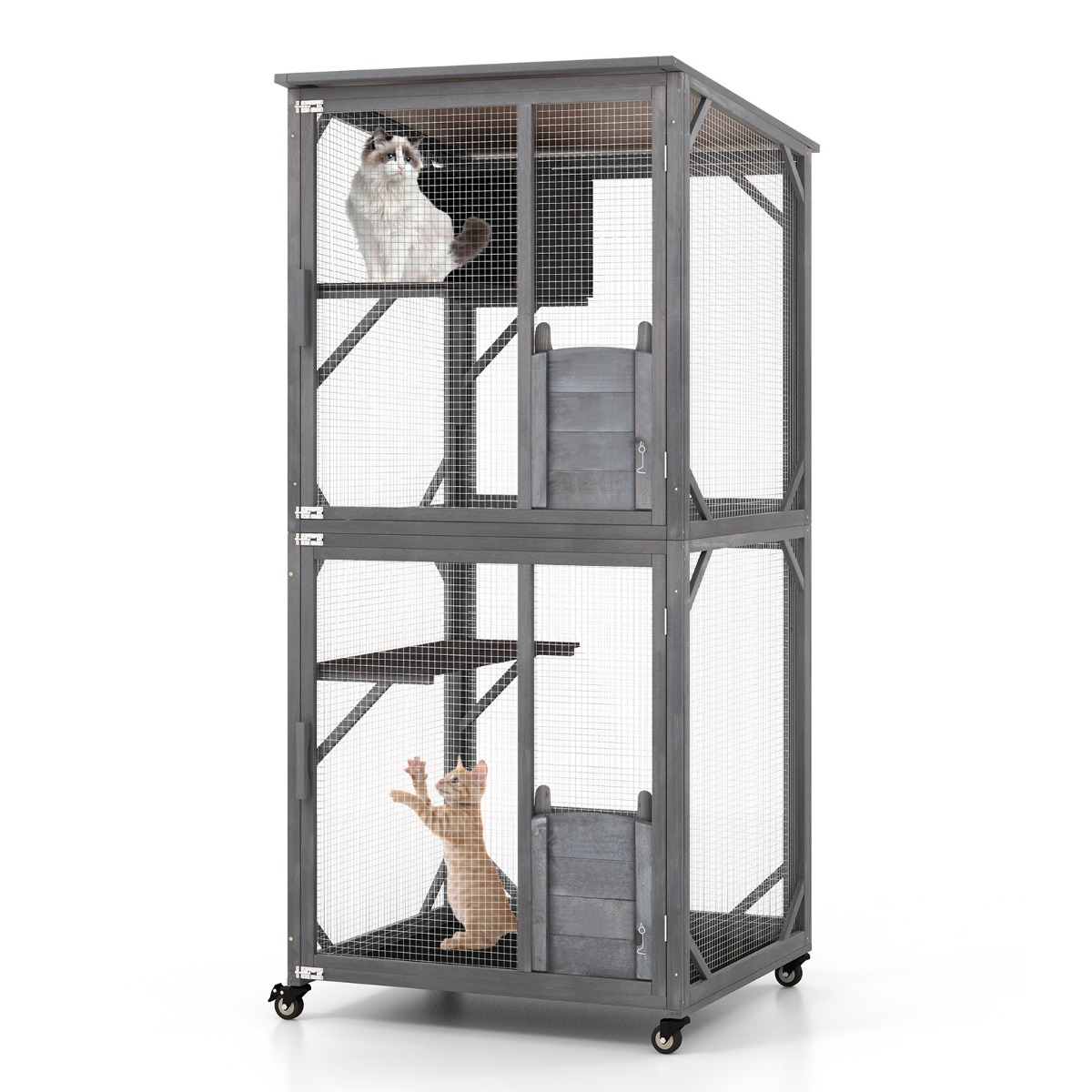 Costway Houten Kattenhuis/182 cm Hoge Buitenkooi voor Katten/Asfaltdak/Weerbestendig/Toegangsdeur/Wielen/2 Platformen/Dierenkennel