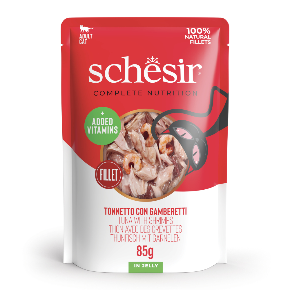 Schesir 6x85g Tonijn met garnalen  Complete Nutrition in gelei natvoer voor katten