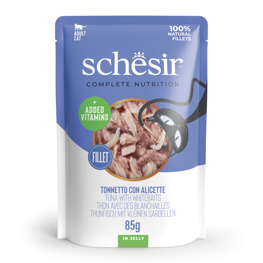 Schesir 6x85g Tonijn met witte vis  Complete voeding in gelei natvoer voor katten