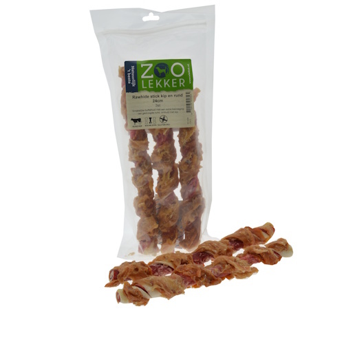 Zoolekker Rawhide stick kip en rund 24 cm - hondensnack van buffelhuid en kip, verpakking 3 stuks