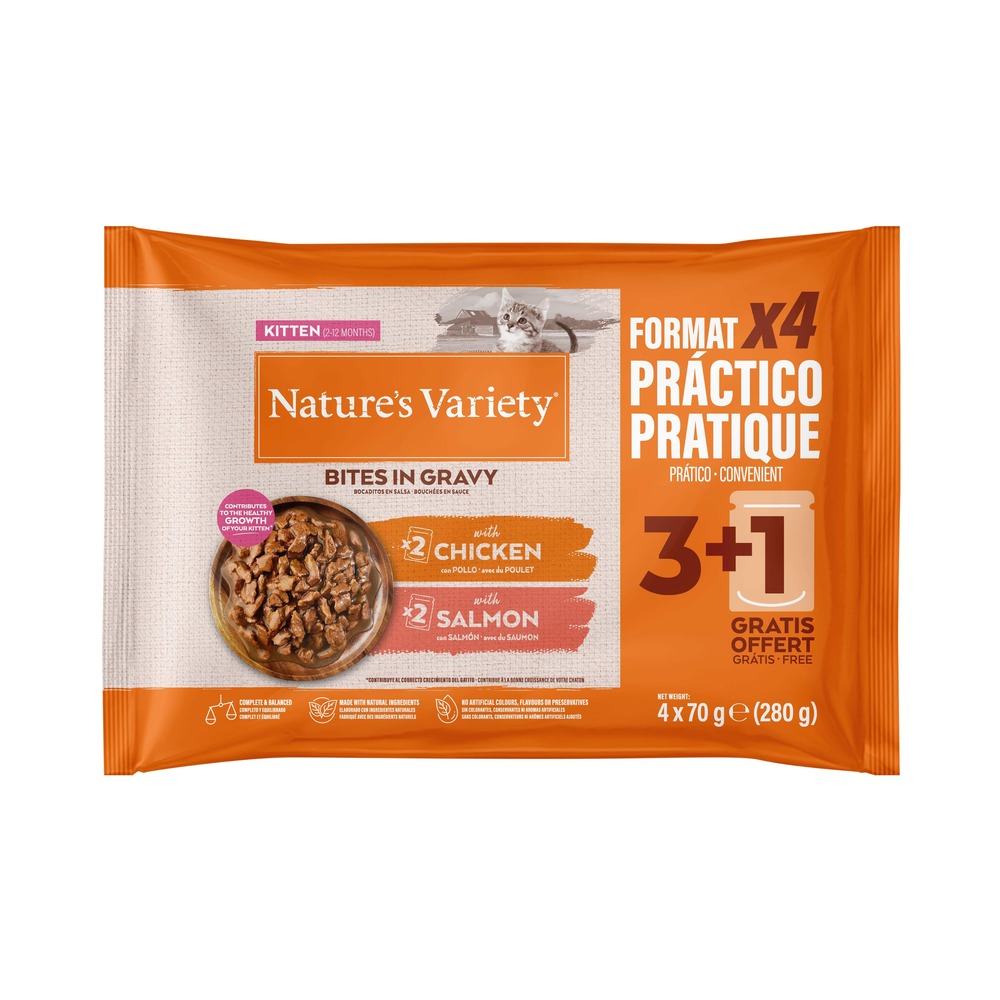 Nature’s Variety 44x70g met kip en zalm Nature's Variety Kitten Bites in Saus nat kattenvoer