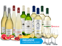 Verschiedene Weißwein-Vorteilspaket Herbstfreude mit 10 Flaschen und 4 Weingläsern