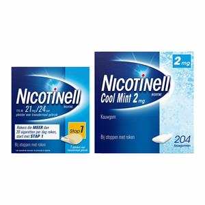 Nicotinell Combinatie therapie: Pleister 21 mg 7 st + Kauwgom Cool Mint 2 mg 204 st Pakket