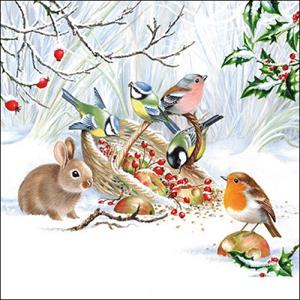 Ambiente 20x stuks Kerst thema servetten 33 x 33 cm winter konijn en vogels -