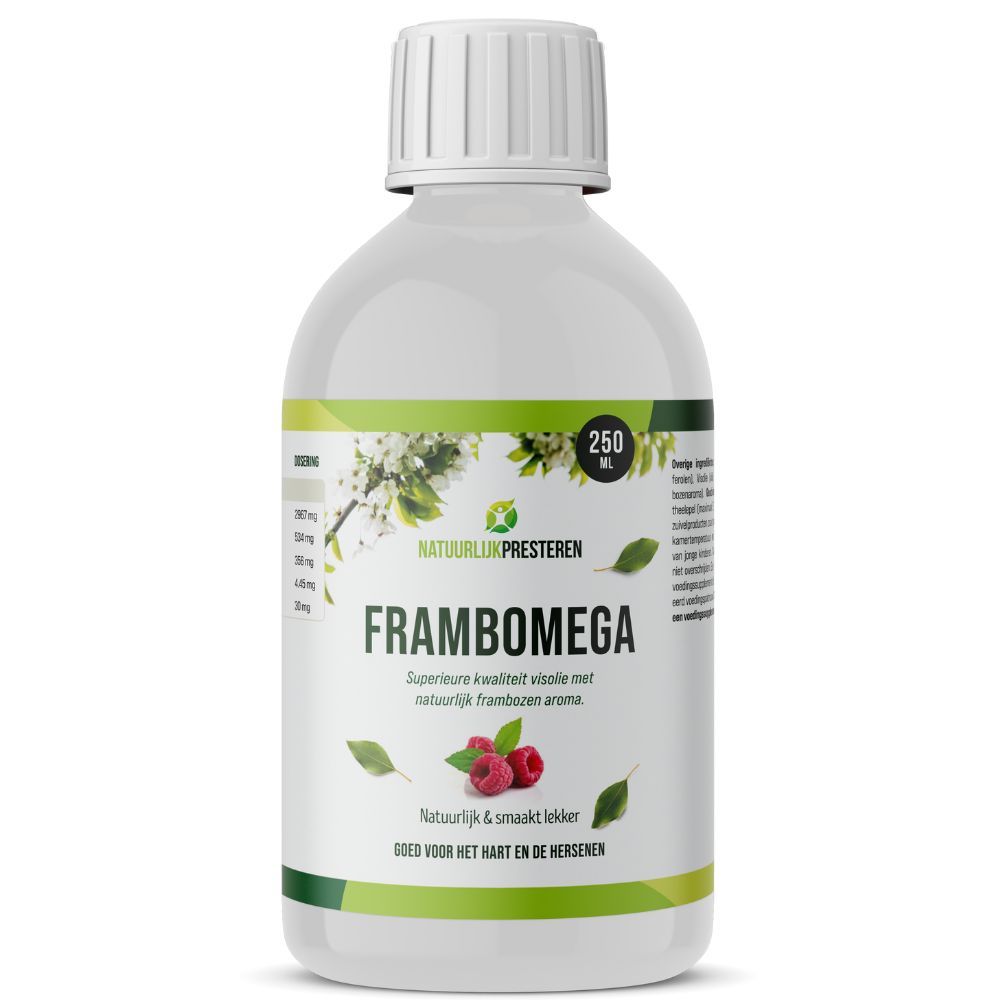 Natuurlijk Presteren Omega-3 vloeibaar framboos - 250 ml - vloeibare visolie - natuurlijk frambozenaroma - vitamine E– hoge dosering EPA en DHA