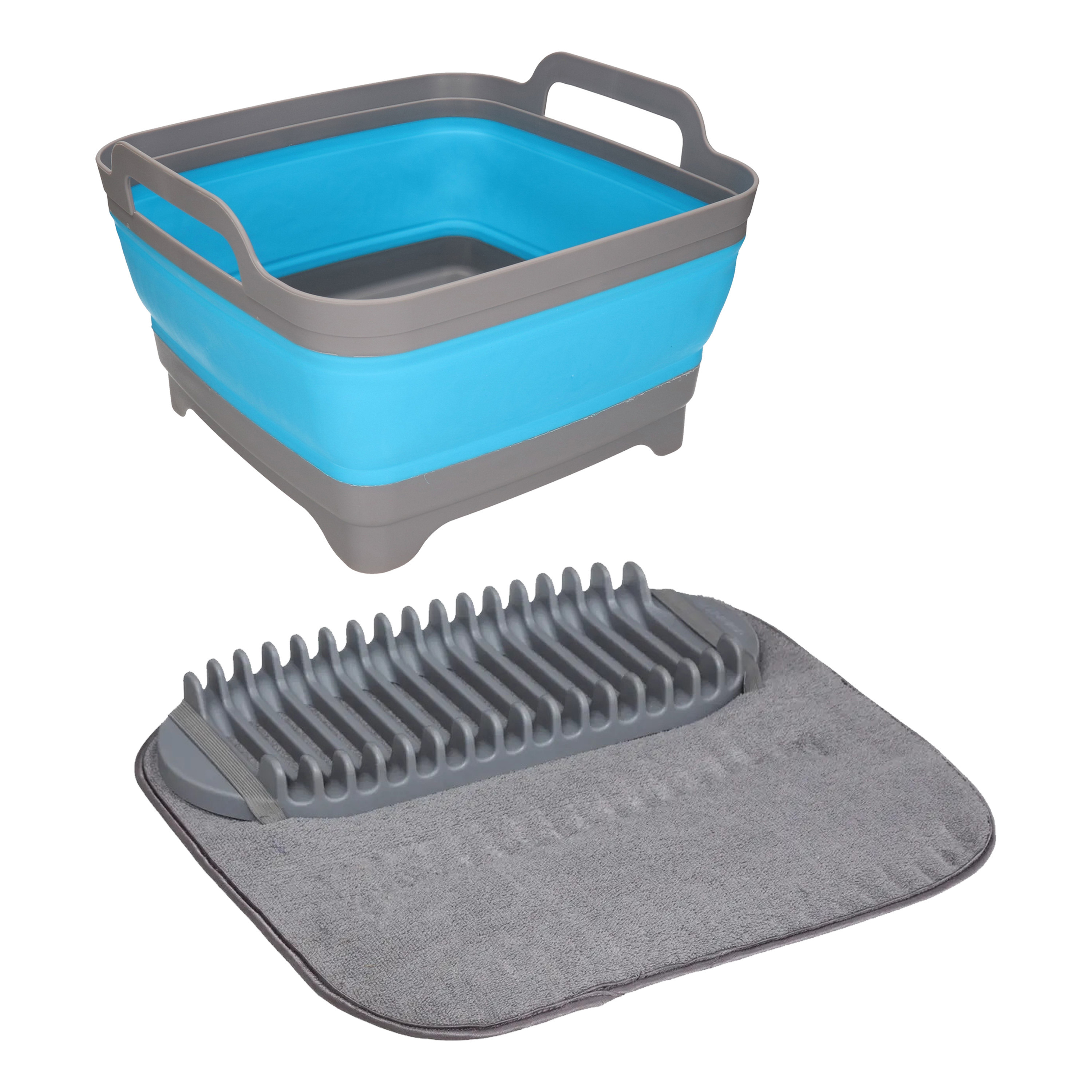 Merkloos Opvouwbare afwasbak met afdruipmat - grijs/blauw - keuken benodigdheden - reis accessoires -
