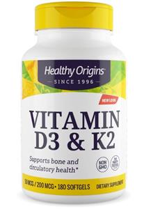 Healthy Origins Vitamin D3 & K2, 50mcg/200mcg, 180 Softgels, 