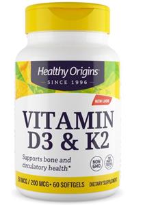 Healthy Origins Vitamin D3 & K2, 50mcg/200mcg, 60 Softgels, 