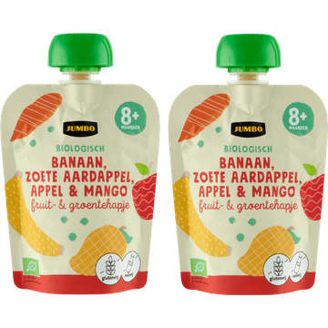 Jumbo umbo Biologisch Fruit & Groentehapje Banaan, Zoete Aardappel, Appel & Mango 8+ Maanden 2x 90g