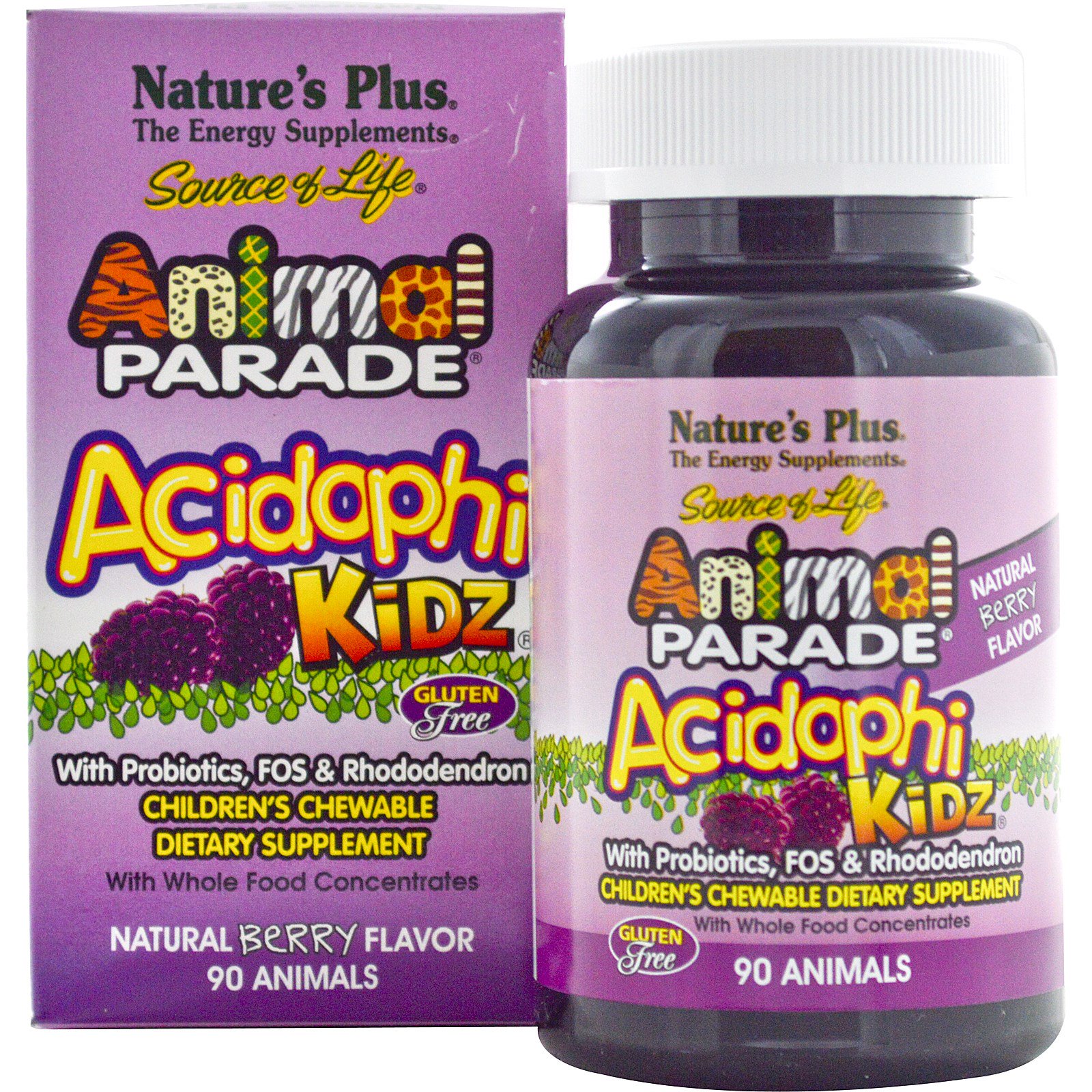 Nature's Plus AcidophiKidz, Children's Chewable, Natural Berry (90 Animals) - 