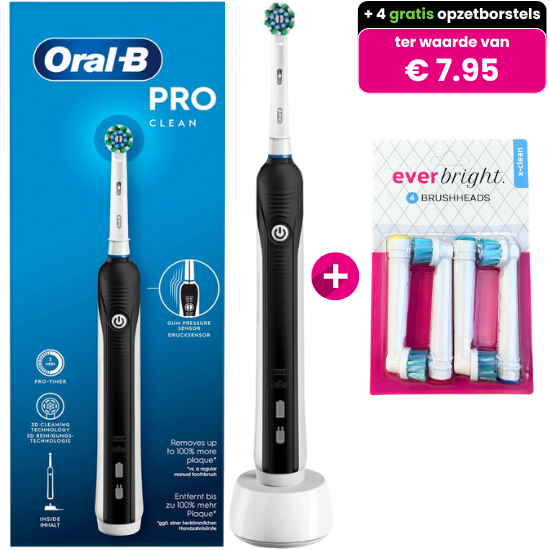 Oral-B PRO 1 Clean Black Elektrische Tandenborstel + 4x Everbright Opzetborstels