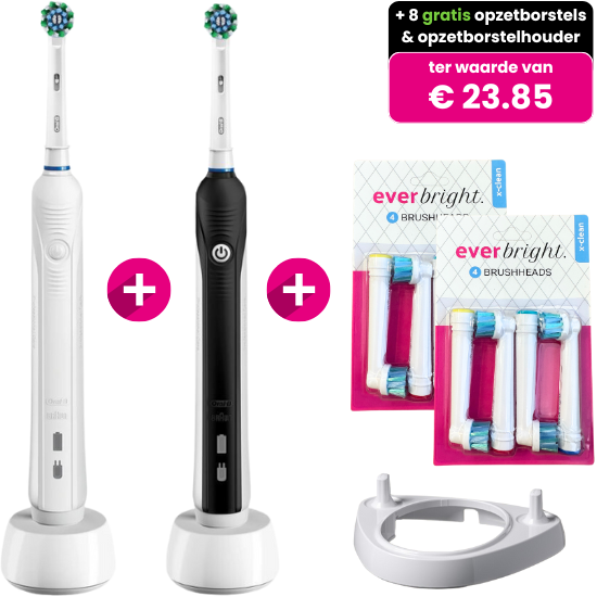 Oral-B PRO 1 Clean Black & White DUO-set + 8x Everbright opzetborstels + Opzetborstelhouder