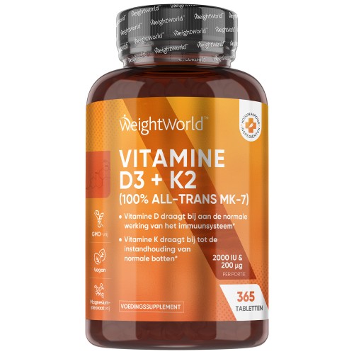 WeightWorld Vitamine D3 en K2 tabletten - 2000 IE 365 vegan tabletten - Vitamine K Menachinon All-Trans MK7 + Vitamine D - D3 uit korstmos